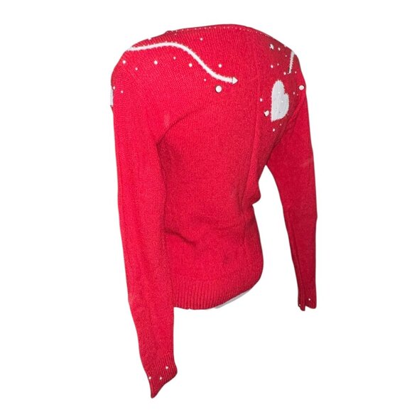 Vintage Smiths Aspen Red Knit Sweater W/ White Heart Design & Beaded Detailing - Picture 9 of 12